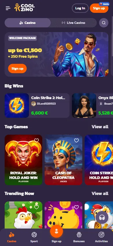 Coolzino Casino home screen on a mobile device