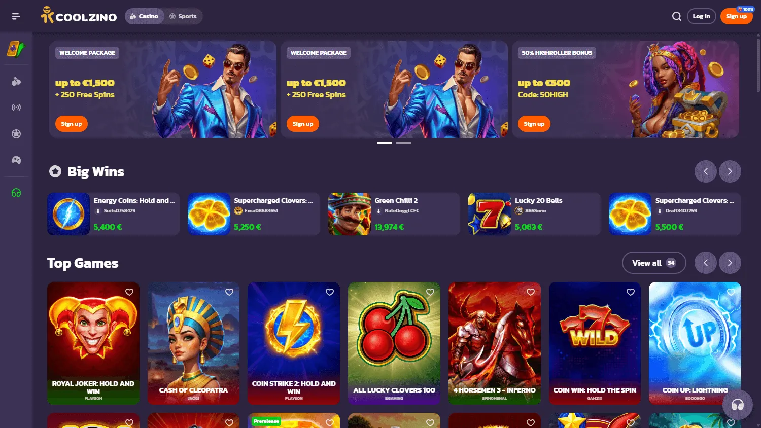 Coolzino Casino home screen on desktop