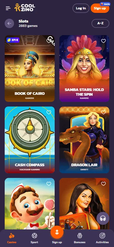 Coolzino Casino game lobby on a mobile device