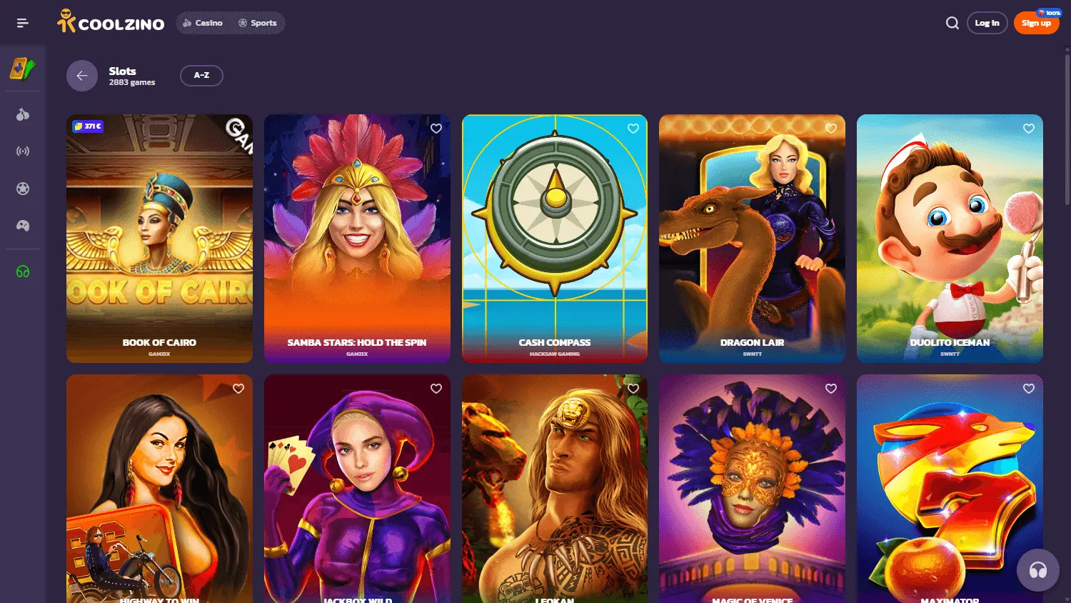 Coolzino Casino game lobby on desktop