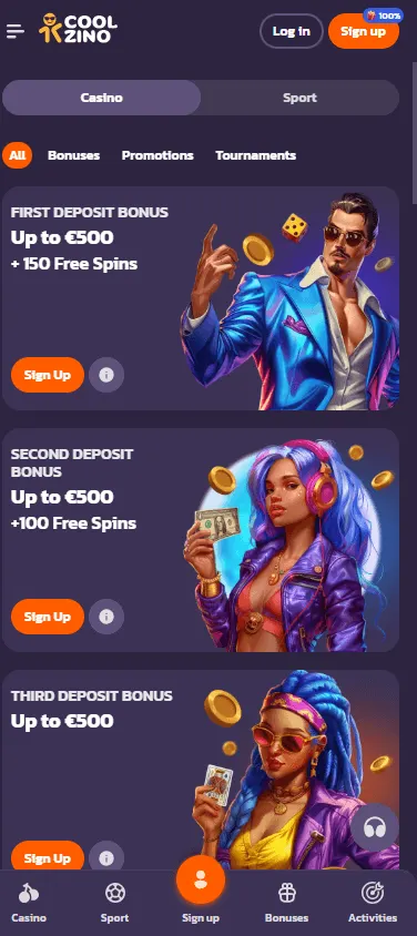 Coolzino Casino promotions area on a mobile device